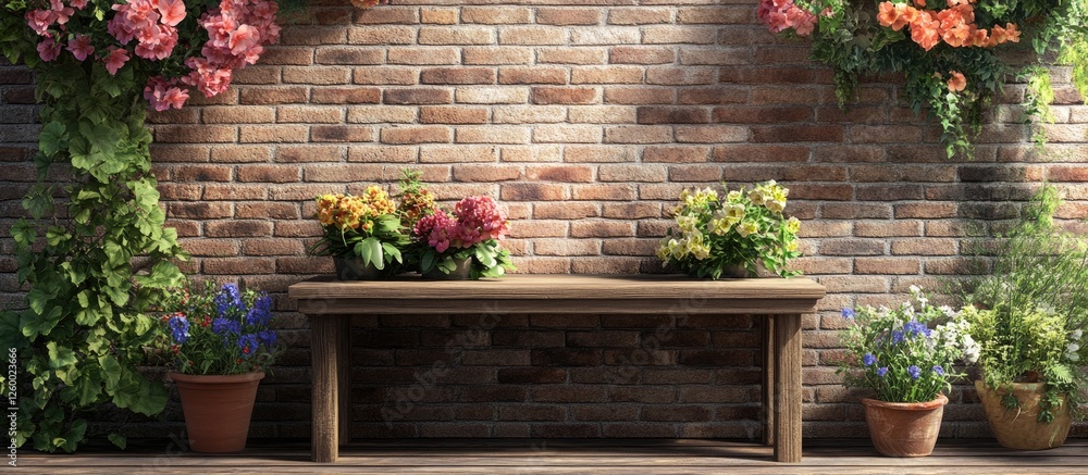 Fototapeta premium Rustic wooden bench in front of a textured brick wall adorned with vibrant floral planters and lush greenery, creating a warm inviting atmosphere.
