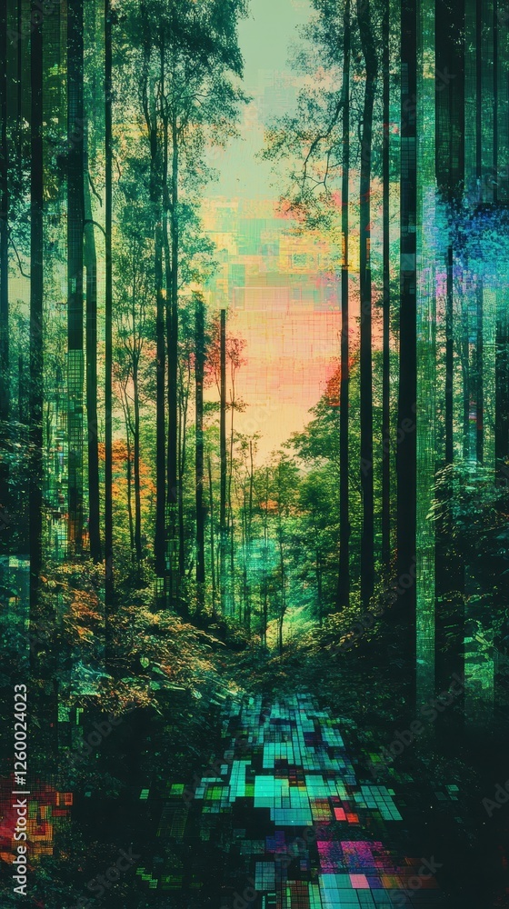 Naklejka premium Digital forest path leads toward a soft horizon glow