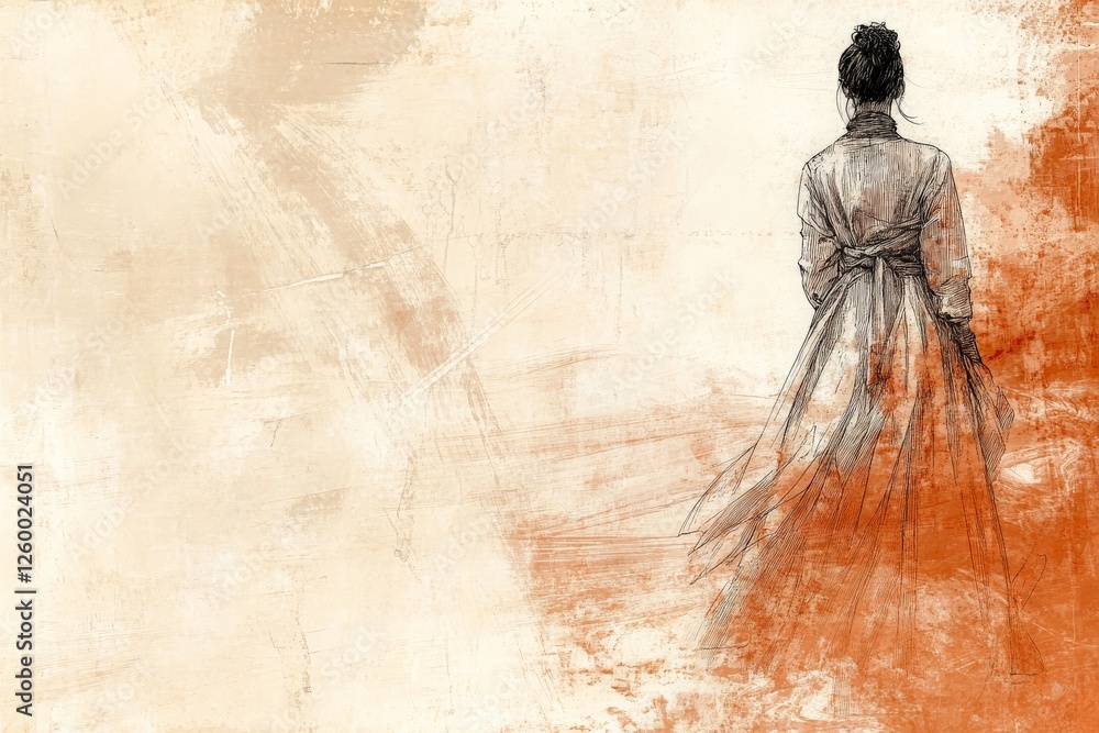 Naklejka premium Elegant figure in traditional dress stands against a warm, abstract background showcasing fine artistry and cultural heritage