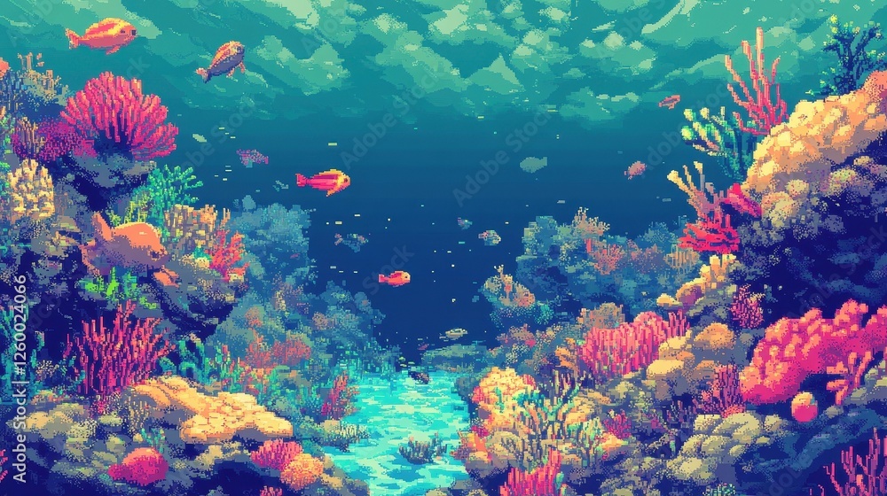 Underwater pixel art scene displaying a vibrant coral reef ecosystem Underwater pixel art scene displaying a vibrant coral reef ecosystem