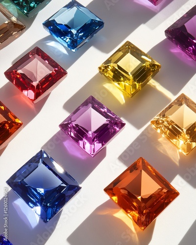 Colorful square gemstones arranged in diagonal pattern on white background, casting shadows. photo