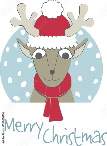 Merry Christmas, Cute Christmas Reindeer. Christmas greeting card with the head of a reindeer dressed as Santa Claus
