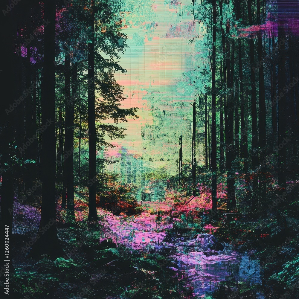 Obraz premium Glitchy forest landscape features tall trees and vibrant colors
