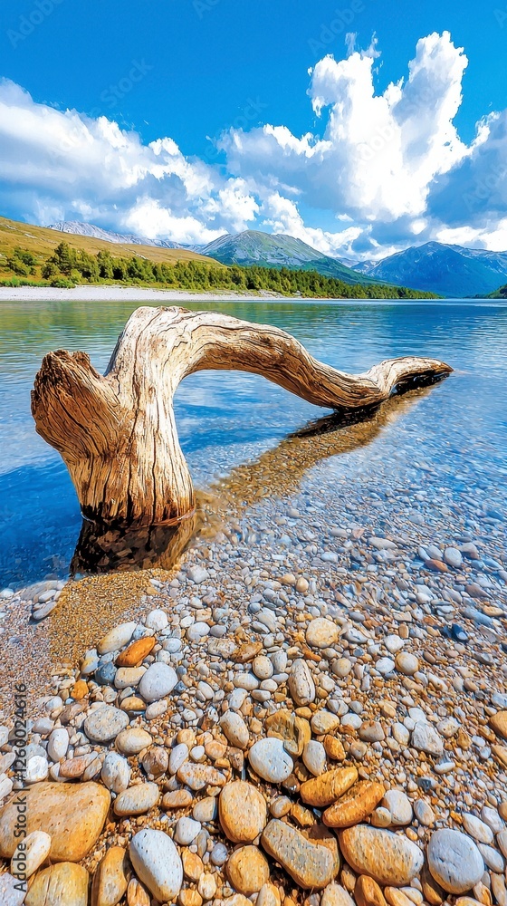 Fototapeta premium Weathered tree stump in clear water with pebbly shore and rolling hills under bright blue sky
