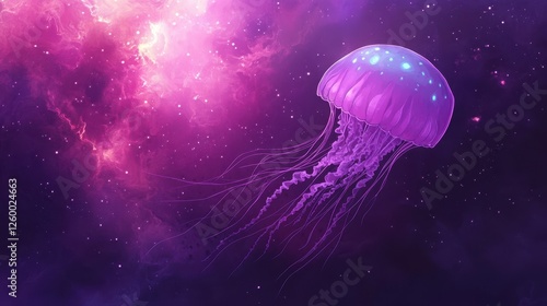 Bioluminescent jellyfish drifting in a vibrant cosmic nebula background photo