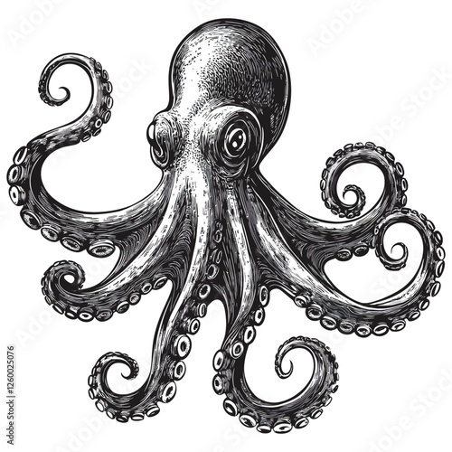 Vintage Hand-Drawn Octopus Illustration with Detailed Tentacles in Black and White