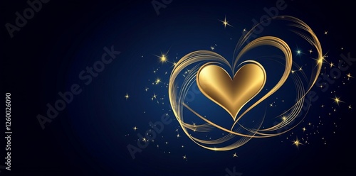 Two golden hearts with swirls on a dark blue background