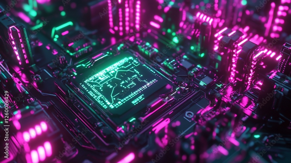 Fototapeta premium Close-up of a glowing neon pink and green circuit board with a central processor.