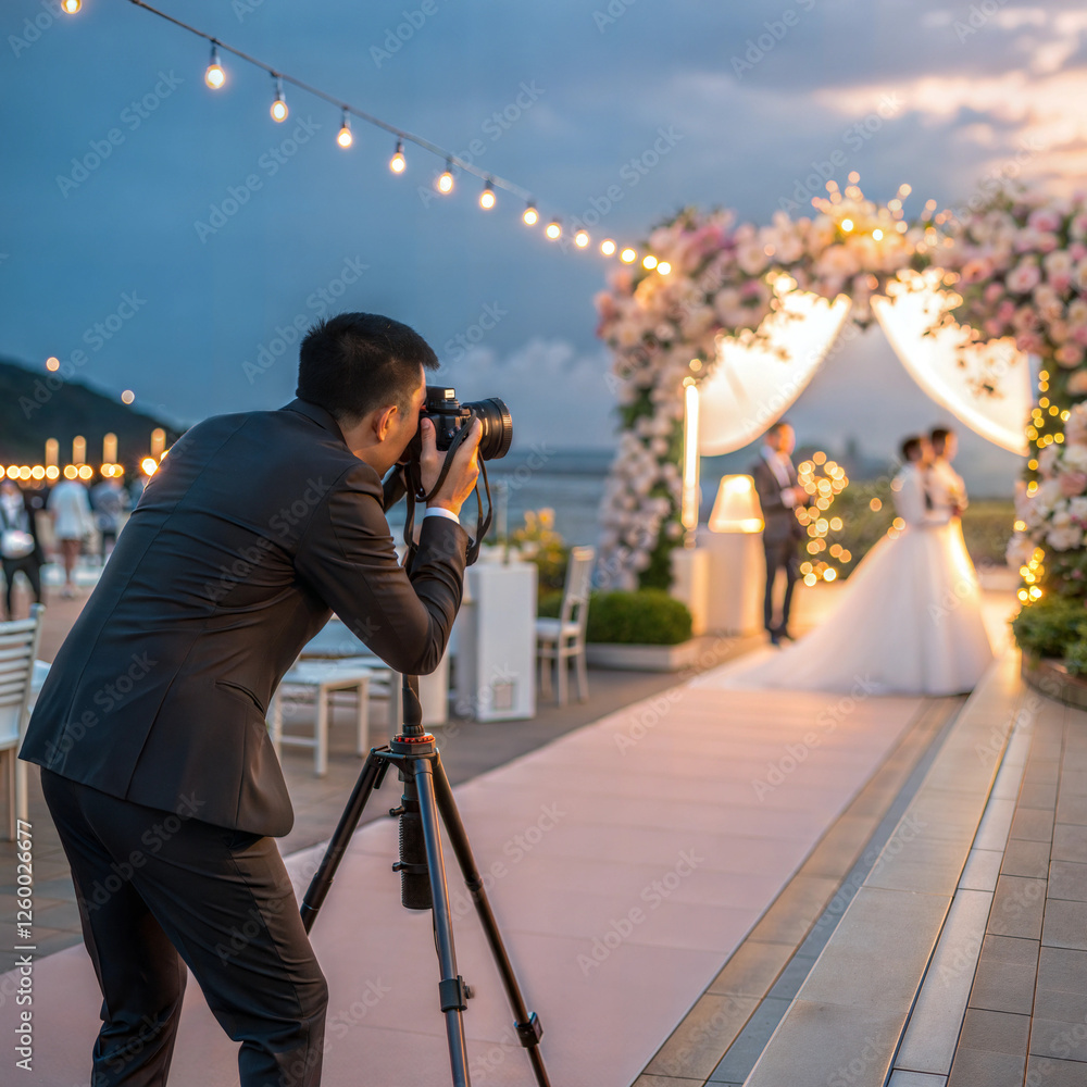 Professional wedding photographer capturing couple's first moments during outdoor ceremony Professional wedding photographer capturing couple's first moments during outdoor ceremony