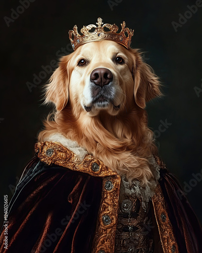 Pet Royal Portrait , Dog Royal portrait, Regal golden retriever dog portrait royal setting artistic photography dramatic lighting noble view canine majesty