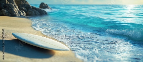 A serene beach scene featuring a white surfboard on moist sandy shore with gentle blue ocean waves and shimmering turquoise water in background photo