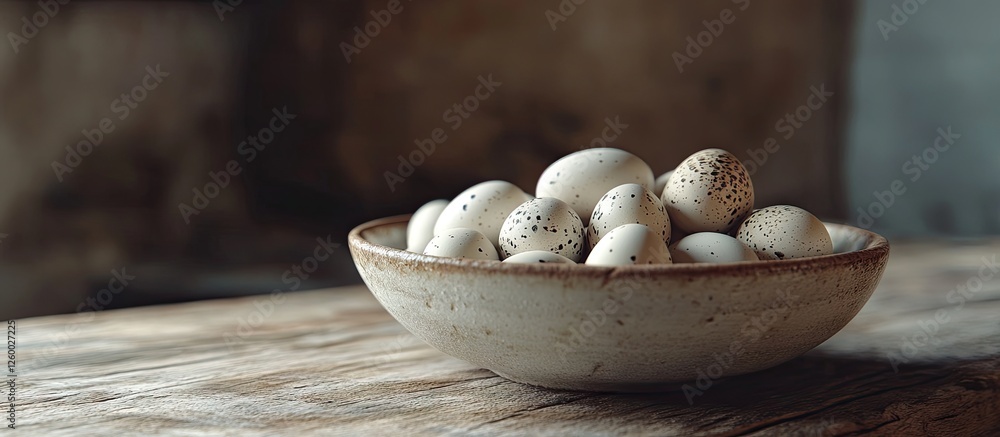 Rustic wooden table features a shallow bowl filled with delicate spotted quail eggs, showcasing earthy tones and natural textures. Rustic wooden table features a shallow bowl filled with delicate spotted quail eggs, showcasing earthy tones and natural textures.
