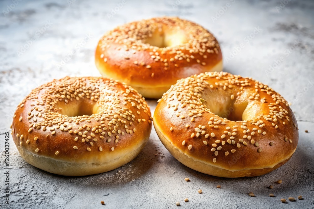 Pre-cut sesame bagel buns against a stark white, urban exploration aesthetic; a textured food still life. Pre-cut sesame bagel buns against a stark white, urban exploration aesthetic; a textured food still life.