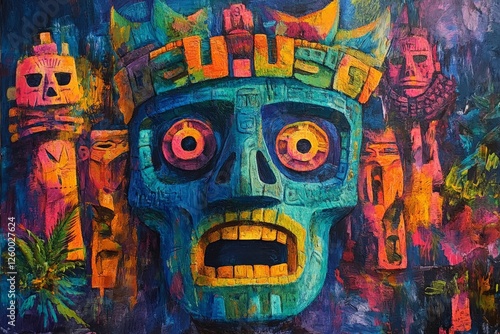 Colorful depiction of an ancient statue surrounded by totems, showcasing vibrant artistry and cultural heritage photo