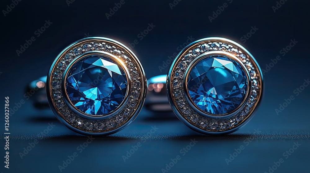 a realistic vector illustration of a pair of silver or chrome cufflinks featuring a blue gem set apart against a dark backgroun a realistic vector illustration of a pair of silver or chrome cufflinks featuring a blue gem set apart against a dark backgroun
