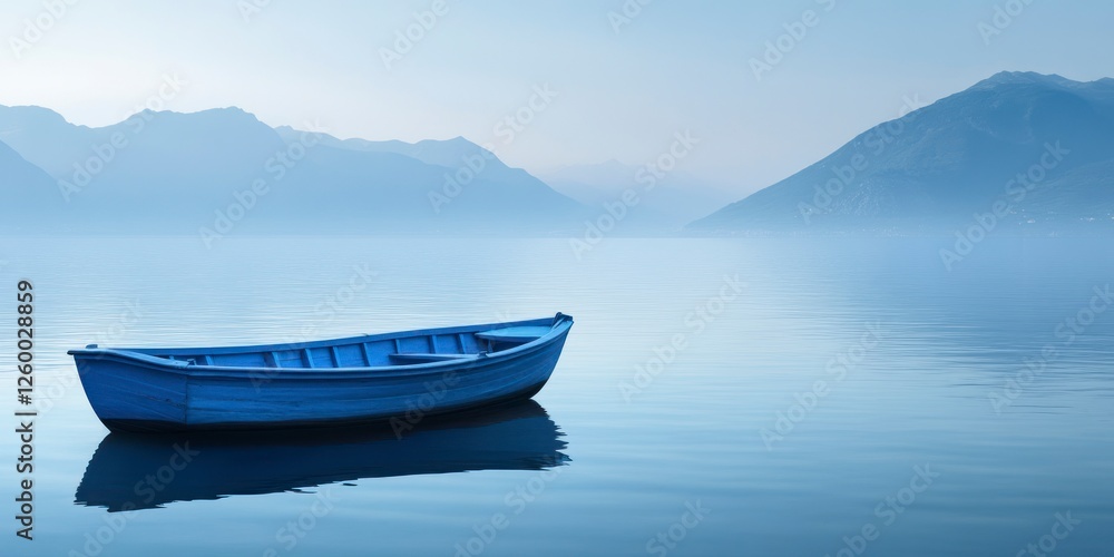 blue rowboat on calm waters with mountains in the background, representing serenity and peacefulness. Web banner with copy space on the left side. blue rowboat on calm waters with mountains in the background, representing serenity and peacefulness. Web banner with copy space on the left side.