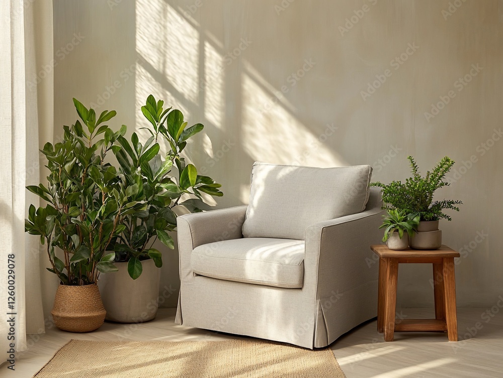 Fototapeta premium Sunlit living room with armchair, plants, and side table.