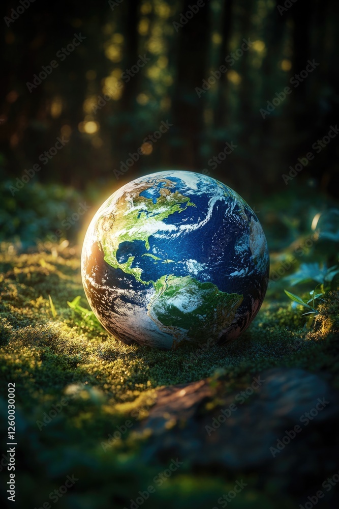 Globe of planet earth on forest floor. Globe of planet earth on forest floor.