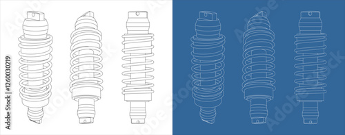Suspension Shock Absorber Technical Blueprint Line Drawing for Automotive