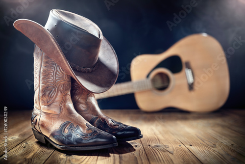 Country music festival live concert with acoustic guitar, cowboy hat and boots
