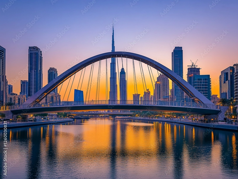 Stunning sunrise cityscape with modern architecture reflected in calm water. Stunning sunrise cityscape with modern architecture reflected in calm water.