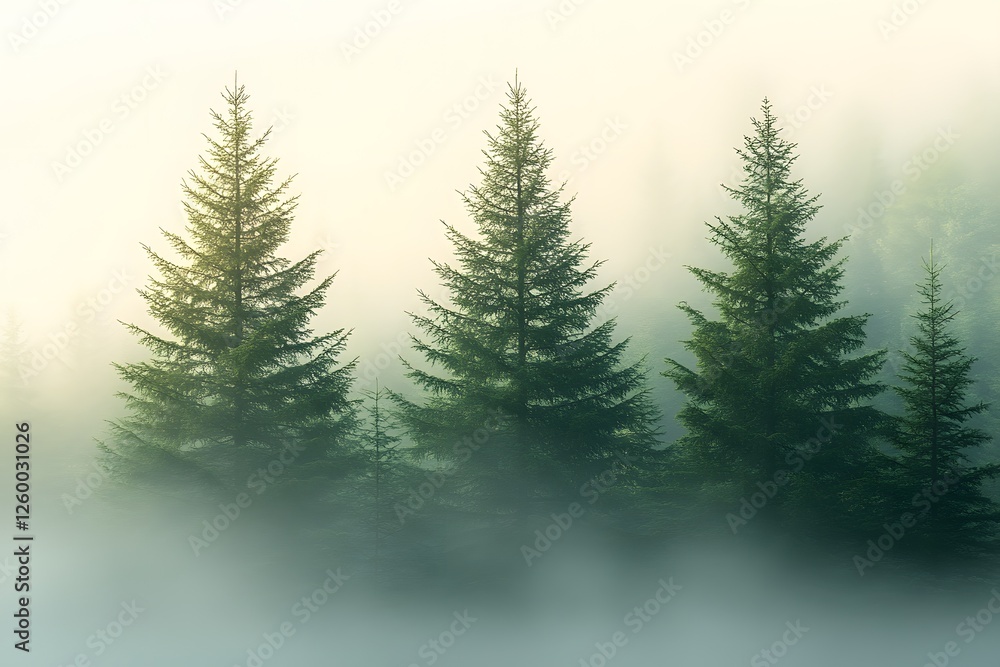 Obraz premium Misty Evergreen Forest Landscape with Morning Sunlight for Nature Wall Art or Poster Design