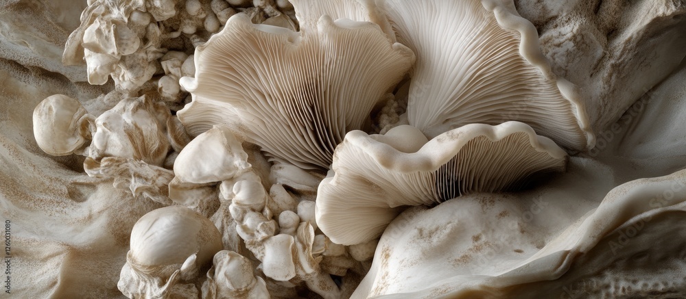 A close-up view of oyster mushrooms displays creamy beige and soft white textures with delicate gills arranged in clusters on a neutral background. A close-up view of oyster mushrooms displays creamy beige and soft white textures with delicate gills arranged in clusters on a neutral background.