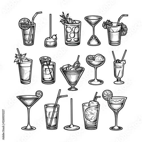 Elegant Hand-Drawn Mixed Drinks and Cocktails in Vintage Bar Illustration