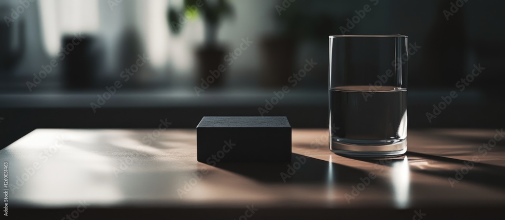 Minimalist kitchen scene featuring a dark tile on a light wooden table beside a transparent glass of water illuminated by soft natural light. Minimalist kitchen scene featuring a dark tile on a light wooden table beside a transparent glass of water illuminated by soft natural light.