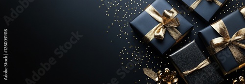 Elegant black and gold gift boxes with confetti on dark background.