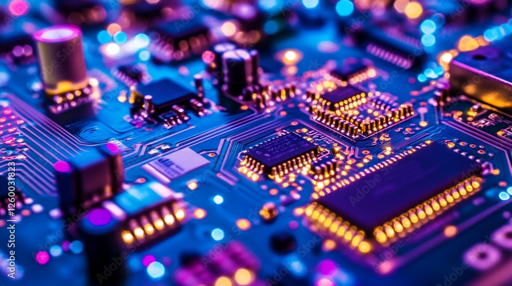 Close-up of a circuit board with microchips and electronic components illuminated in vibrant purple and blue hues. Close-up of a circuit board with microchips and electronic components illuminated in vibrant purple and blue hues.