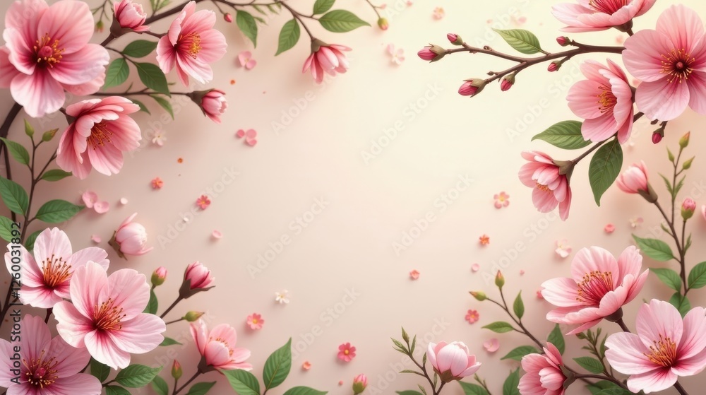Fototapeta premium A Delicate Frame of Pastel Pink Blossoms and Petals on a Soft Background