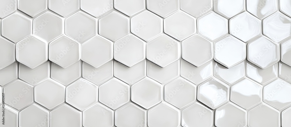White glossy hexagonal glass tiles arranged in a contemporary wall design, showcasing a modern and elegant aesthetic with a unique hexagonal pattern. White glossy hexagonal glass tiles arranged in a contemporary wall design, showcasing a modern and elegant aesthetic with a unique hexagonal pattern.