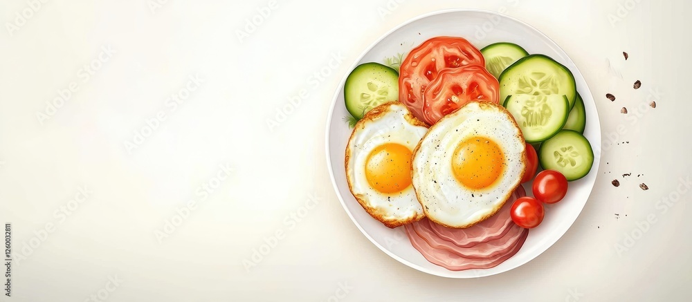 Keto breakfast plate featuring two fried eggs, slices of ham, fresh cucumber, and cherry tomatoes arranged on a white plate with a light background. Keto breakfast plate featuring two fried eggs, slices of ham, fresh cucumber, and cherry tomatoes arranged on a white plate with a light background.