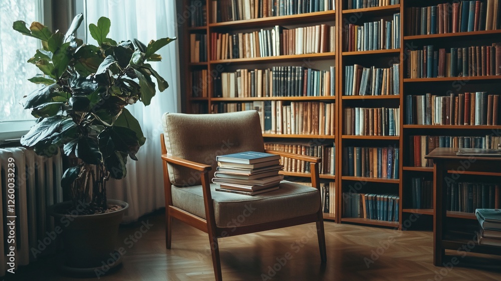 Fototapeta premium Cozy reading nook with armchair, books, and plant near large bookshelf in sunlit room.