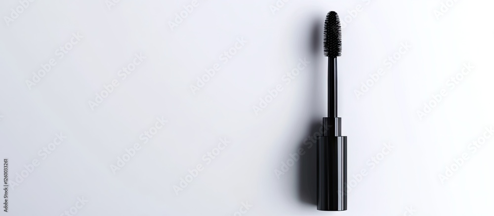 Naklejka premium Black mascara tube elegantly positioned on a pure white background showcasing its sleek design and glossy finish with natural light shadows.