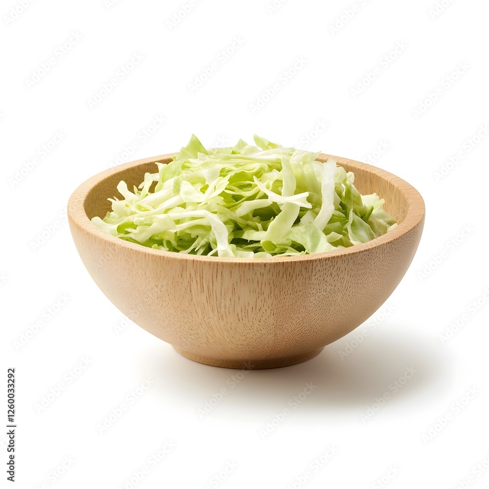 Finely Shredded Cabbage Nestled in a Simple Traditional Wooden Bowl on White Background Finely Shredded Cabbage Nestled in a Simple Traditional Wooden Bowl on White Background