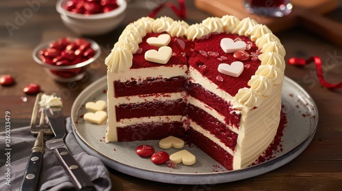 Wallpaper Mural A heart-shaped cake with vibrant red velvet layers and cream cheese frosting, decorated with small edible heart-shaped candies for Valentine's Day.  Torontodigital.ca