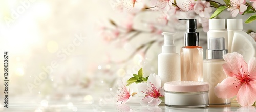 Elegant display of skincare products in soft pastel colors with pink flowers on a light background, representing medical spa treatments and beauty care.
