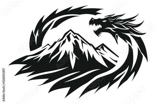 Monochrome fantasy dragon encircling mountains in tribal tattoo style with fierce details