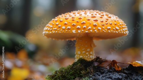 Royal fly agaric mushroom growing on mossy forest floor photo