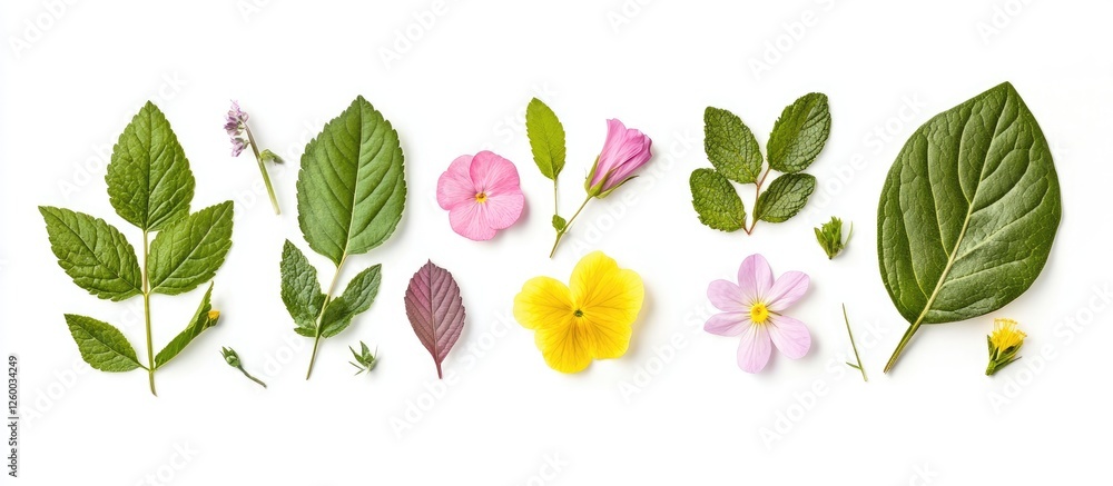 Colorful arrangement of various green leaves and delicate flowers including pink, yellow, and purple on a white background, laid out flat and natural. Colorful arrangement of various green leaves and delicate flowers including pink, yellow, and purple on a white background, laid out flat and natural.