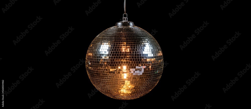 Fototapeta premium Shimmering disco ball hanging against a black background, reflecting soft warm light, encapsulating a vibrant nightlife atmosphere.