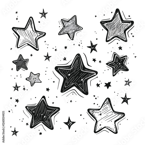 Hand-drawn celestial stars with vintage sketch details in black and white doodle style