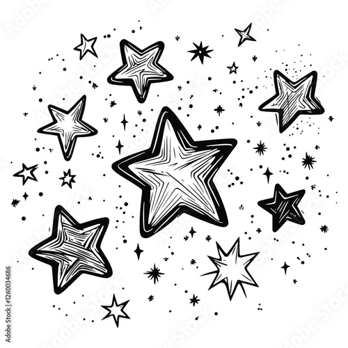 Hand-drawn celestial stars with vintage sketch details in black and white doodle style