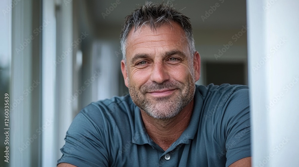 A smiling middle-aged man with short gray hair leans against a window, exuding warmth and approachability. A smiling middle-aged man with short gray hair leans against a window, exuding warmth and approachability.