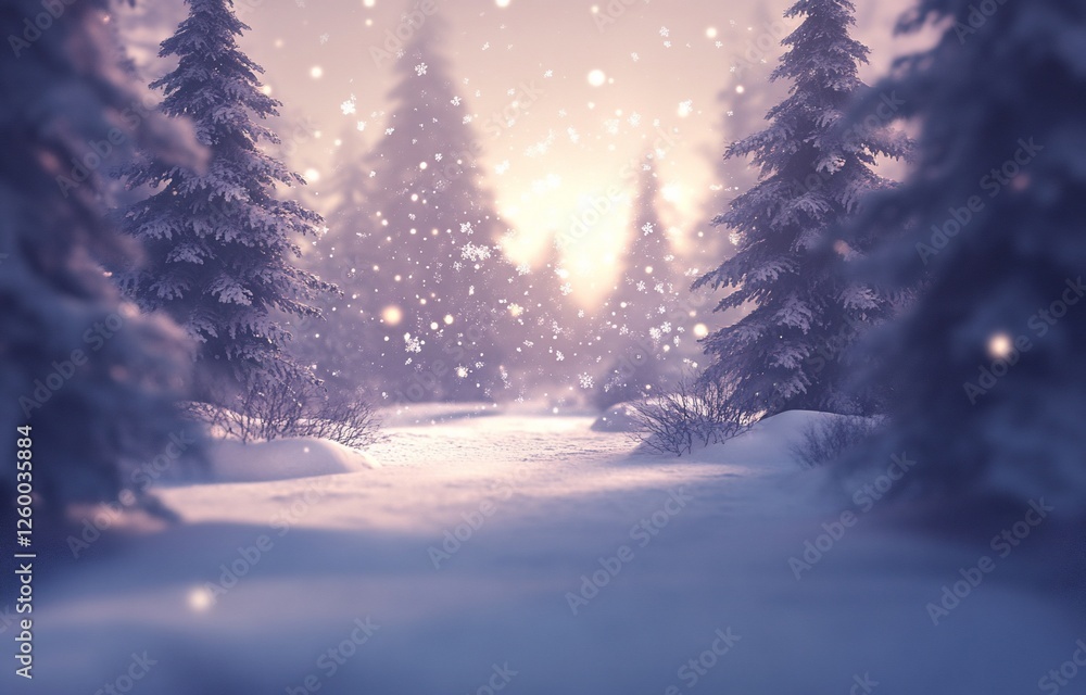 Snowy path through serene winter forest at sunset. Snowy path through serene winter forest at sunset.