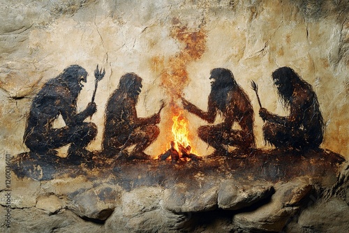 Ancient cave painting depicting early humans gathering around a fire in a ritualistic setting from prehistoric times