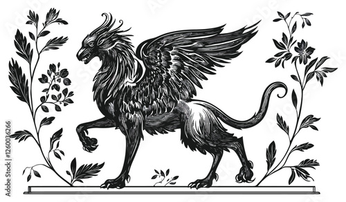 Vintage hand-drawn griffin with detailed wings and floral elements in woodcut style