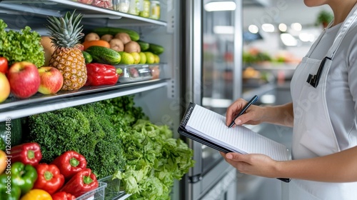 A person in an apron is checking inventory of fresh produce in a refrigerator, surrounded by various fruits and vegetables.